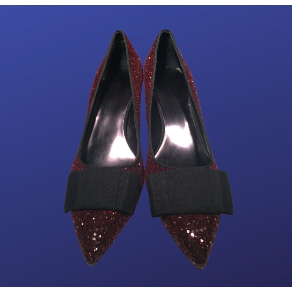NINE WEST “Chia” Glitter/Grosgrain Bow Kitten Heel Pump, RED/BLACK,Size 10, NWOB